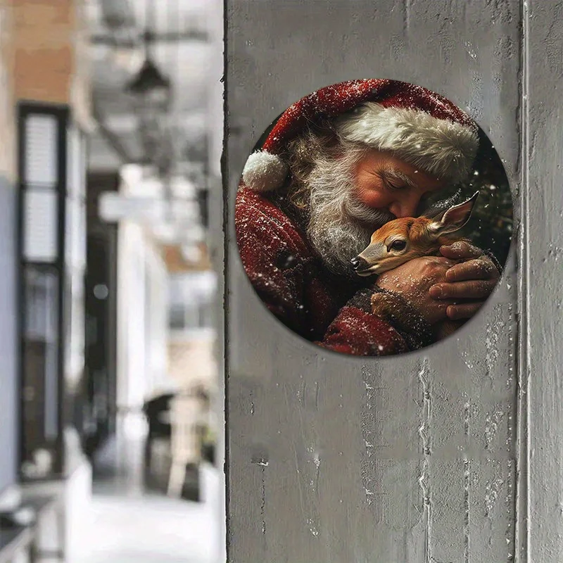 علامة ولوحة زخرفية قطعة واحدة لوحة جدارية كلاسيكية من سانتا كلوز وحيوان الرنة مصنوعة من الألومنيوم على الطراز الريفي ديكورات معدنية مستديرة معلقة #3