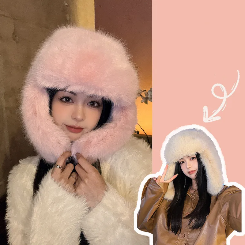 

Women Solid Color Thicken Plush Cap for Winter Korean Cute Earflaps Thermal Lei Feng Hat Pullover All-matching Keep Warm Hat