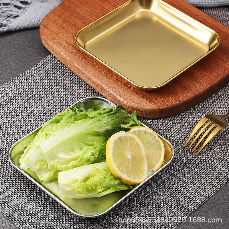 Thickened BBQ square 304 stainless steel plate, Korean-style golden commercial flat-bottomed dish barbecue tableware plate