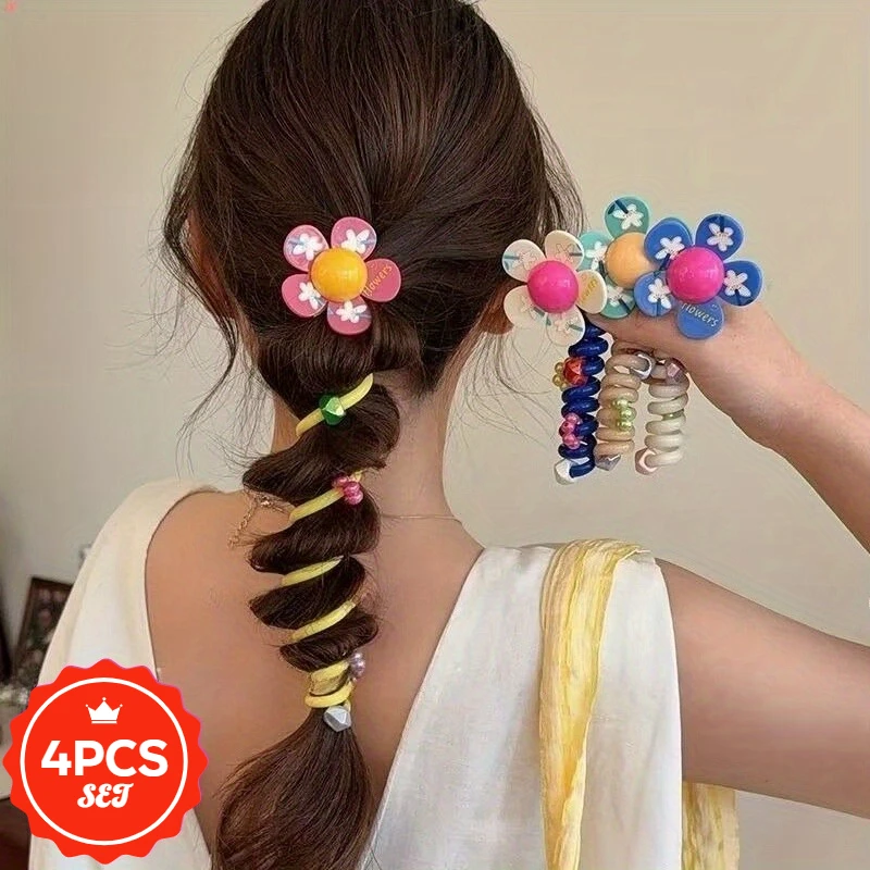 

4Pcs/set Sweet Temperament, Phone Line, Hair Loop, Women's Sparkling Flowers, Wrapped Hair Rope, Versatile Temperament
