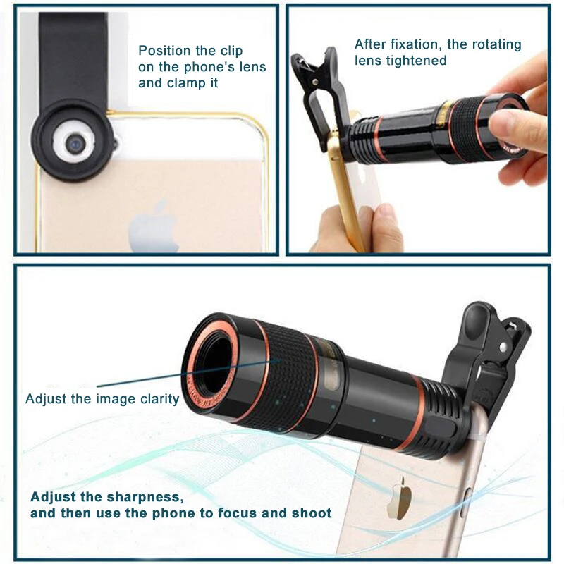 Clip-on 12x Phone Lens Optical Zoom HD Telephoto Camera Macro Lens Kit for Universal Mobile Phone Smartphone Telescope focus Len