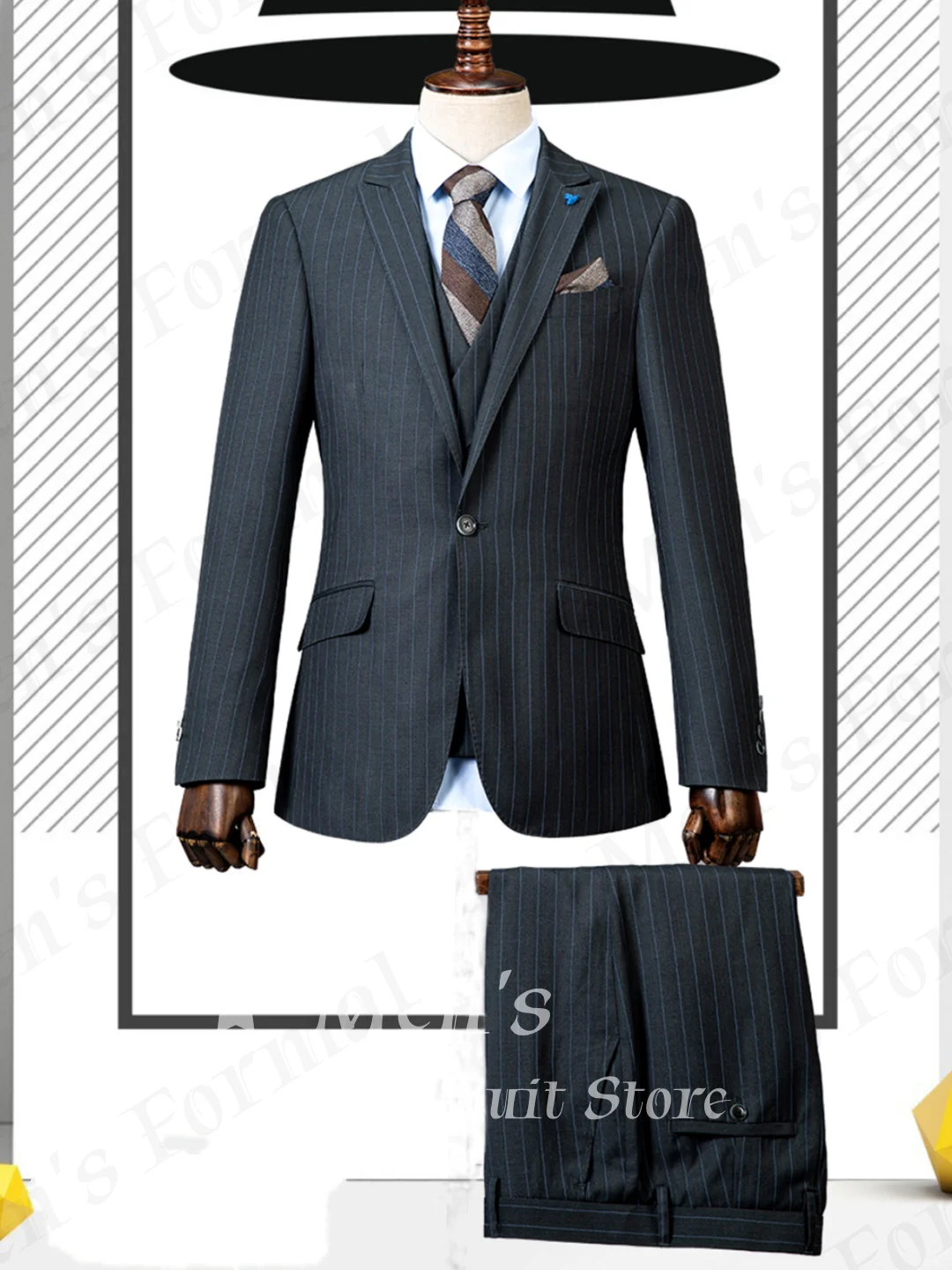 3 Piece Men Classic Dark Grey Vertical Pinstripe Notch Lapel Jacket Matching Vest Pants Wedding Groom Daily Office Customized
