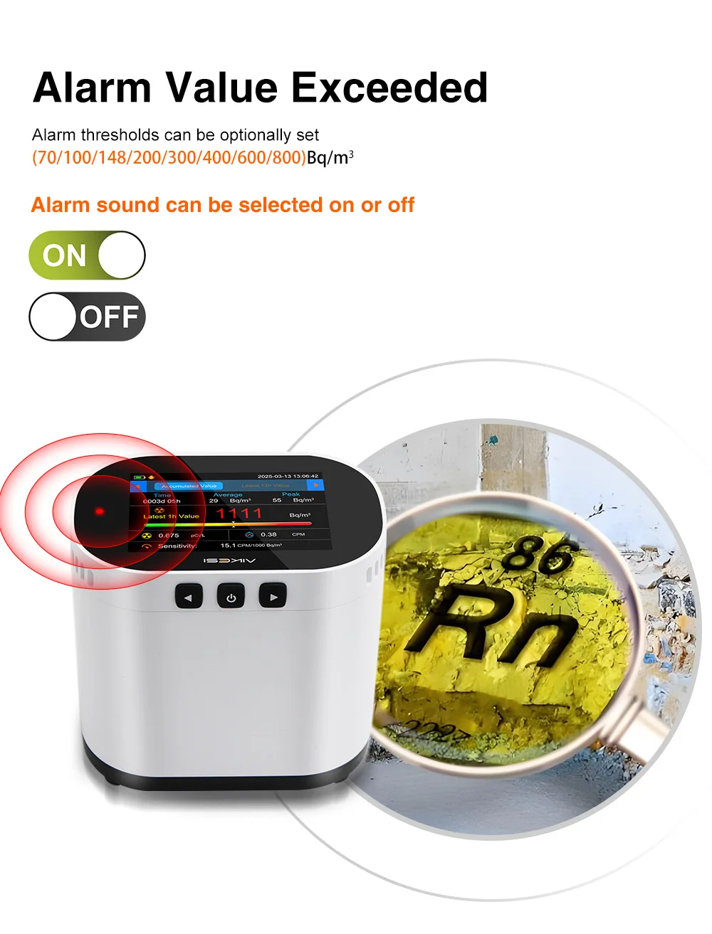 AIKESI RM-70 Rilevatore di radoni Camera di ionizzazione Sensore di allarme agli ioni pulsati Monitor della qualità dell'aria domestica Rilevatori di gas Smart