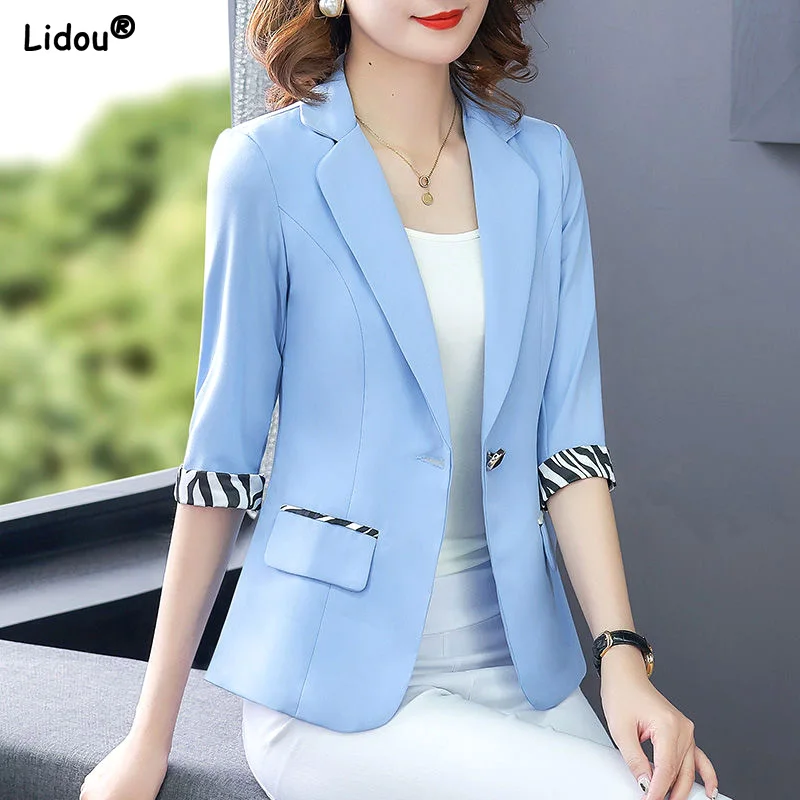 Notched Pockets Button Blazers Skinny Three Quarter Sleeve Solid Color Formal Office Lady Casual Spring Summer Women's Clothing