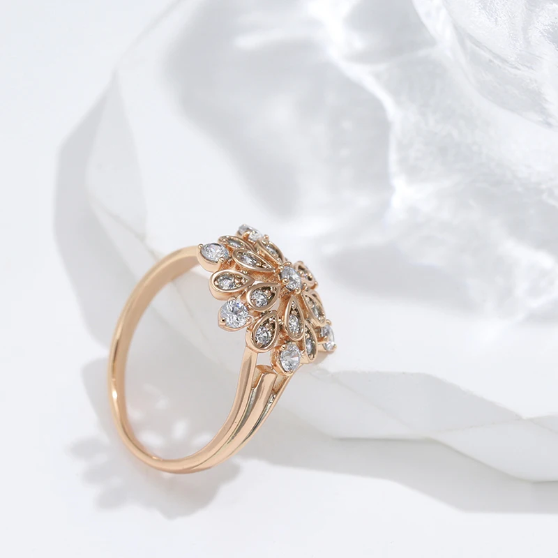 Kinel New Natural Zircon Crystal Flower Ring for Women 585 Rose Gold Color Fine Ethnic Bride Ring Vintage Wedding Jewelry