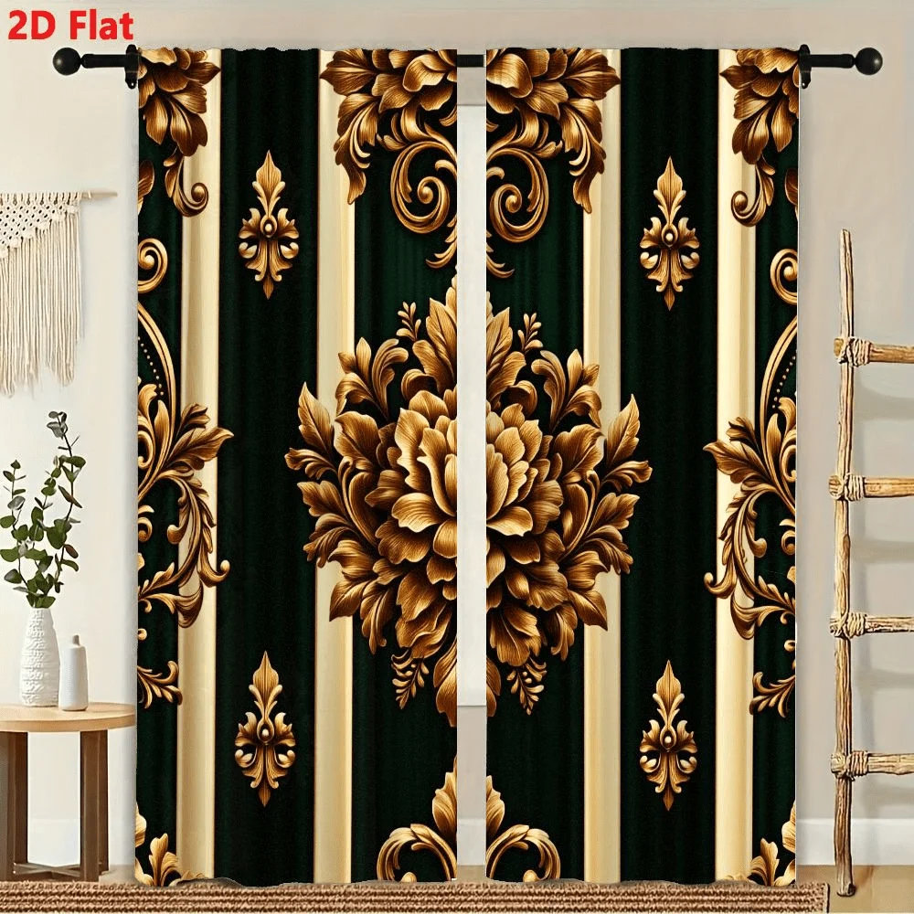 

2Pcs Curtains Baroque Style Emerald Green Floral Window Drapes for Bedroom Living Room Decoration Window Treatment.