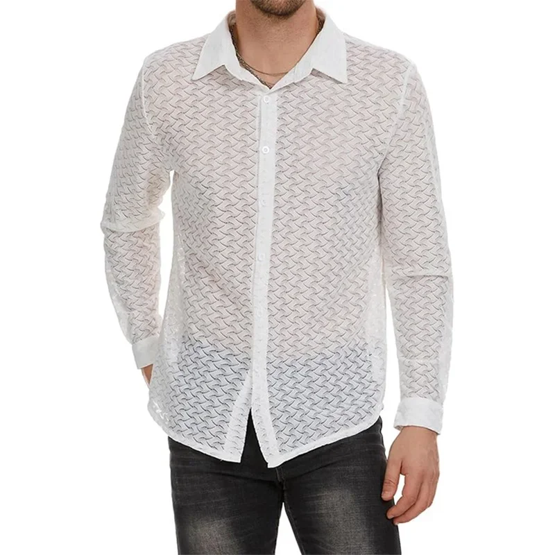 

Модная мужская прозрачная кружевная рубашка с вырезом с лацканами и длинными рукавами, футболки на пуговицах, повседневная летняя одежда, уличная одежда