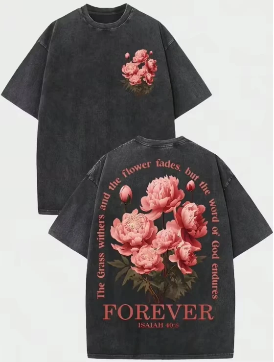 Vintage Washed Peony Floral T-Shirt, Christian Bible Verse Print Tee, Short Sleeve, Streetwear Unisex Casual Top