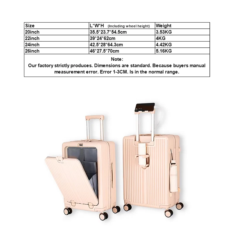 New Three Layer Composite PC Suitcase Carry On Rolling Luggage with USB Port Boarding Cabin Cup Phone Holder 20 22 24 26 Inch