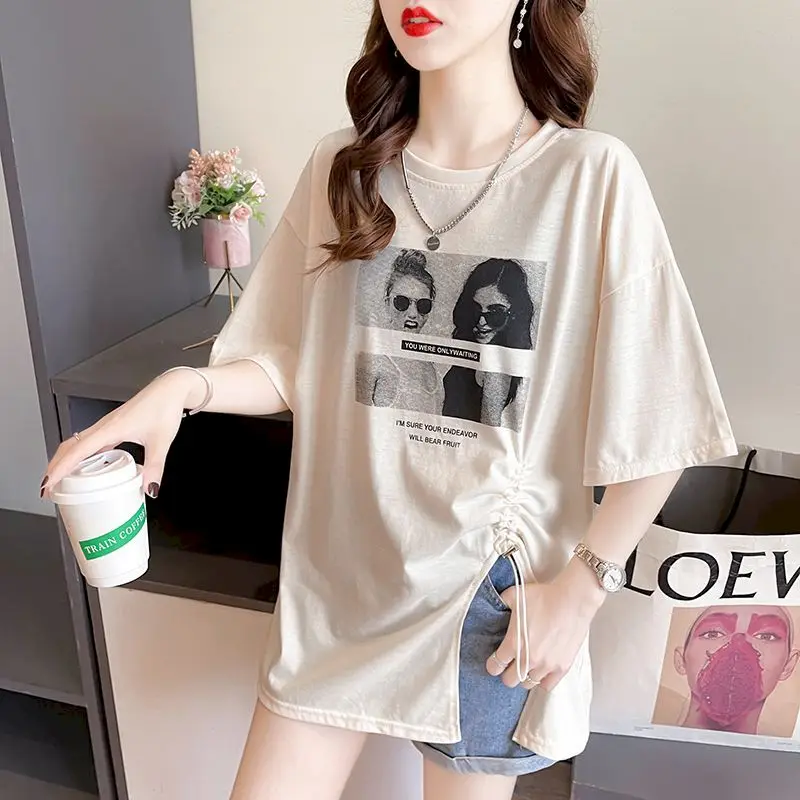 Cotton Slit Short Sleeved T-shirts for Women Summer Trend Thin Tshirt Korean Fashion Design Irregular Loose Slimming T Shirt Ins