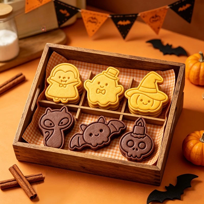 6pcs 3D Halloween Cookie Cutters Cartoon Pumpkin Hat Ghost Skeleton Lamp Bat King Mold Diy Halloween Party Baking Decor Bakeware