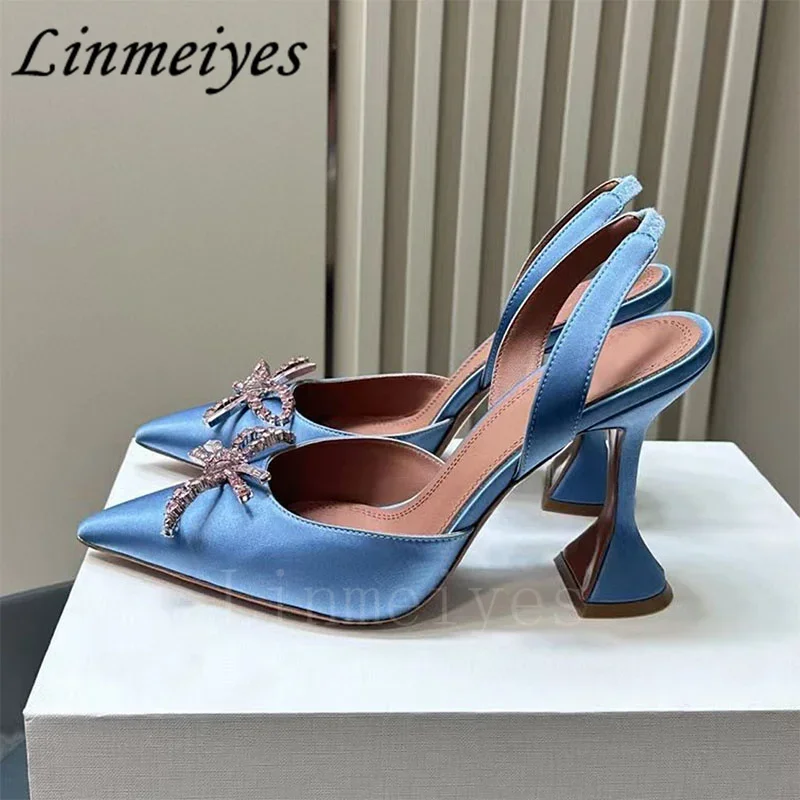 High Quality Women Pumps High Heels Crystal Butterfly-knot Wedding Shoes Pointed Toe Summer Cup Heels Runway Sandals Woman