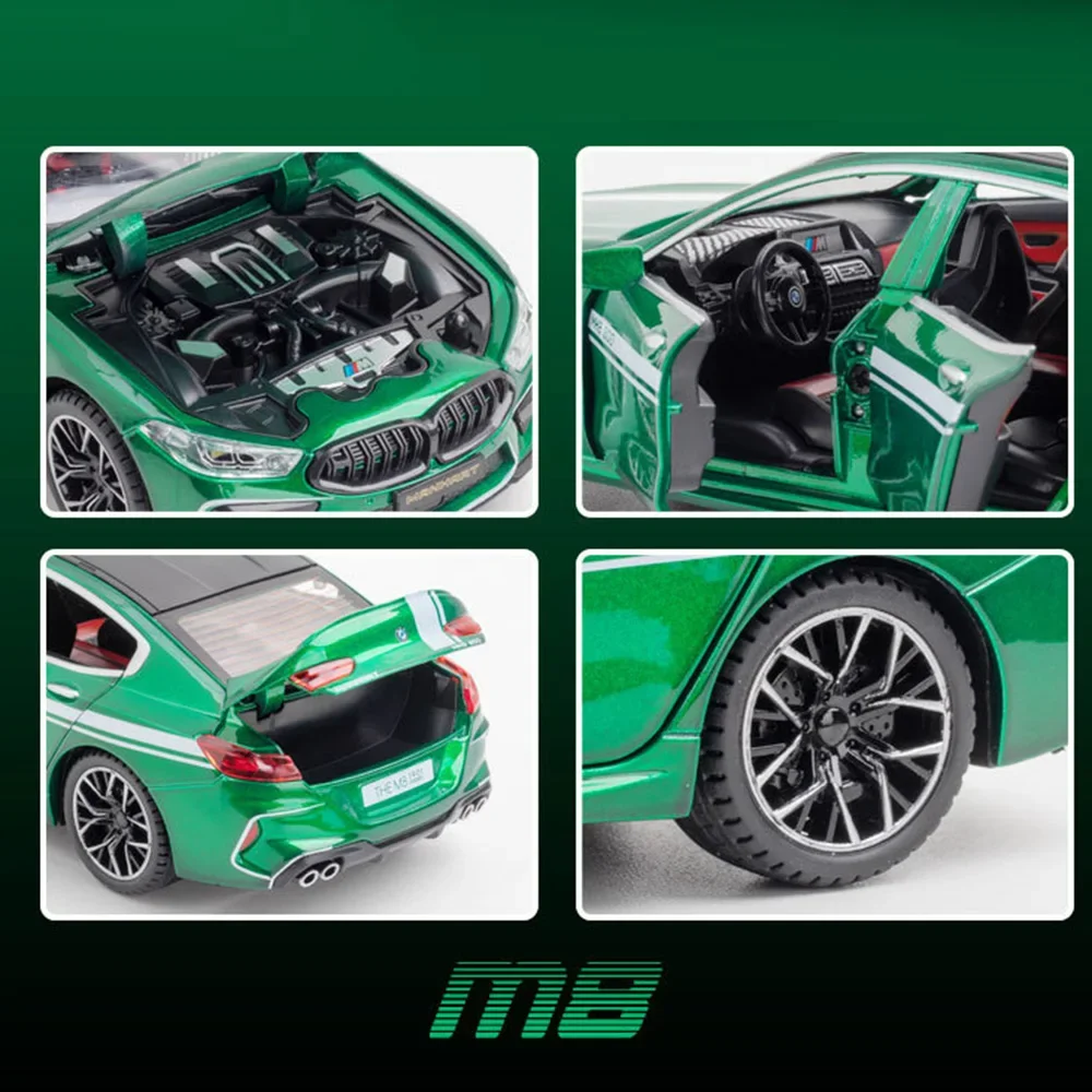1:24 BMW M8 MH8-800 Sports Cars Miniature Toys Models Alloy Diecast with Pull Back Car Sound Light Vehicle Kids Collection Gifts