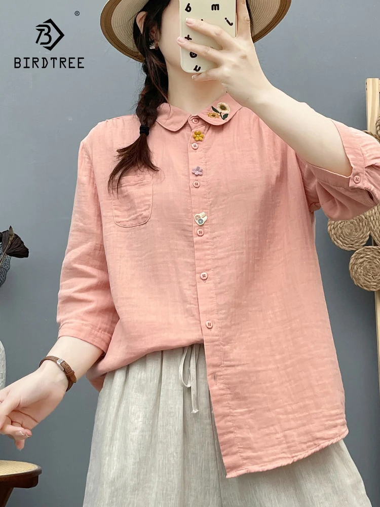 

Новая летняя женская блузка из хлопковой пряжи с коротким рукавом, отложным воротником и вышивкой, в стиле Mori Girl, повседневная, свободного кроя, T64654CC