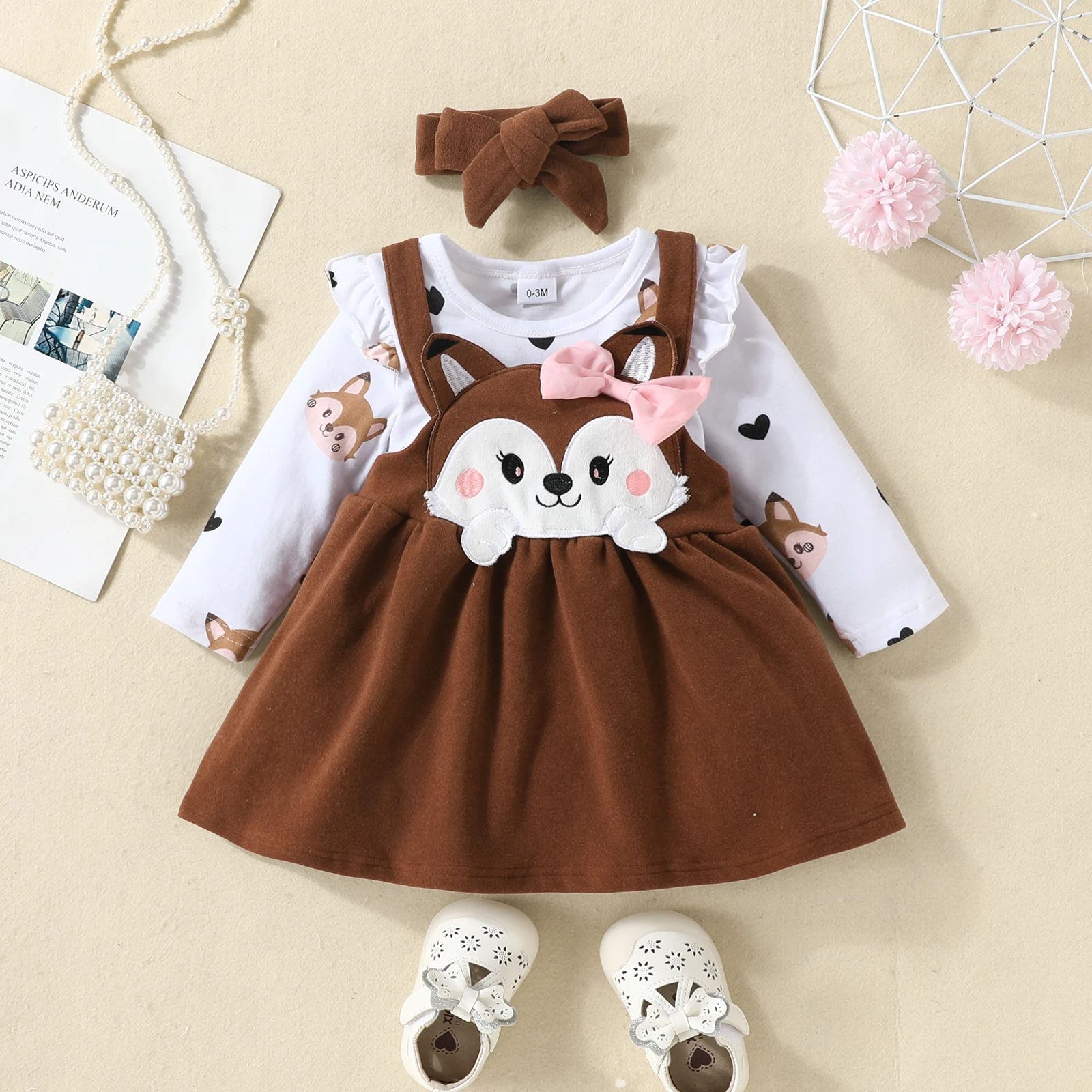 3PCS Baby Girl Fox Print Long Sleeve Onesie with Triangle Bib Fox Plush Embroidery Overall Dress Set