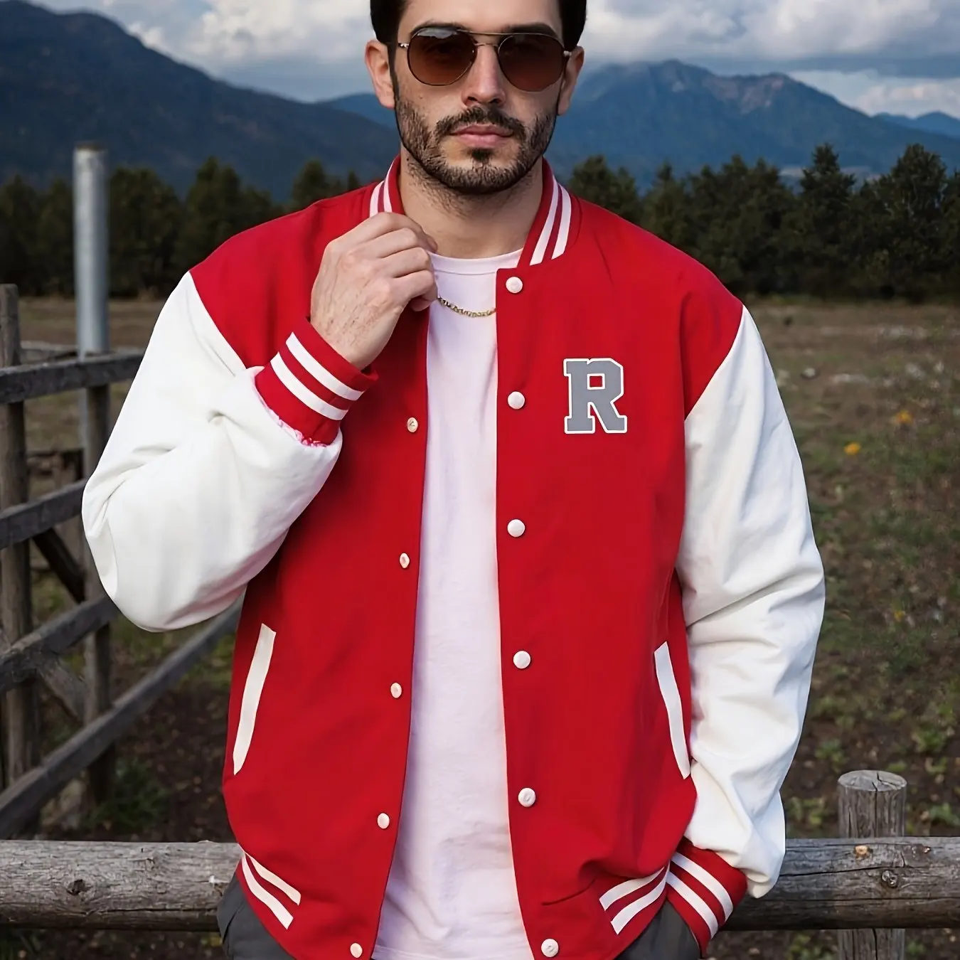 

Мужская повседневная бейсбольная куртка, стильная мужская куртка, дизайн карманов на куртке, модный принт с узором R.