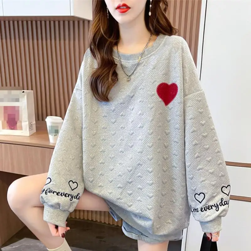 Women's Korean Long Sleeved T-Shirt Women's New Hoodi Student Round Neck Spring and Autumn Embroidered Fashionable Hoodie Tops