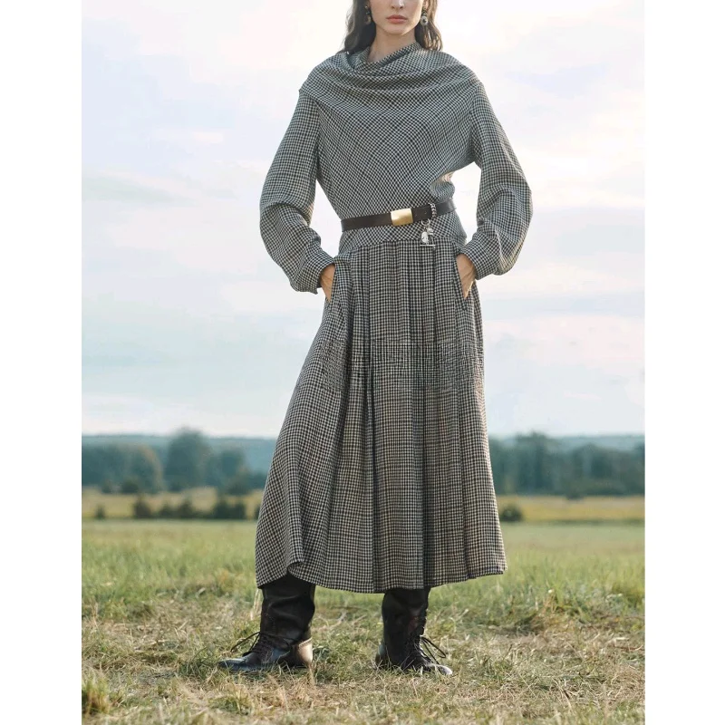 Inverno novo plus size feminino dr com cinto férias sle plissado em camadas bainha xadrez longo dr cintura alta poliéster longo sve