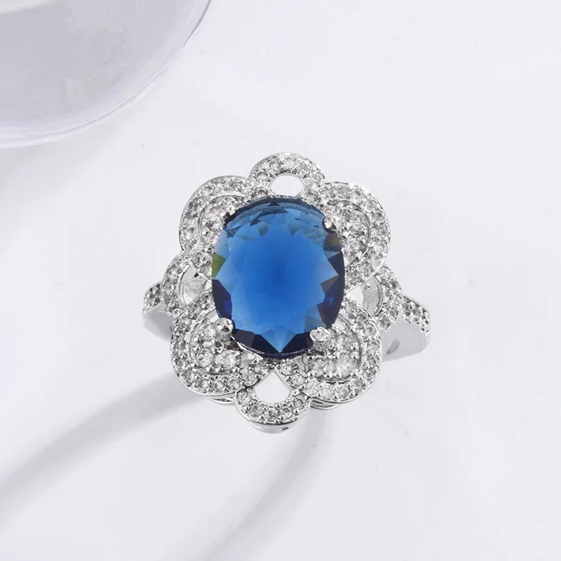 NewHigh-end Banquet Party Accessory S925 Silver Plated Blue Oval Open Ring Gorgeous Fashion Shiny Full of Diamond Zircon