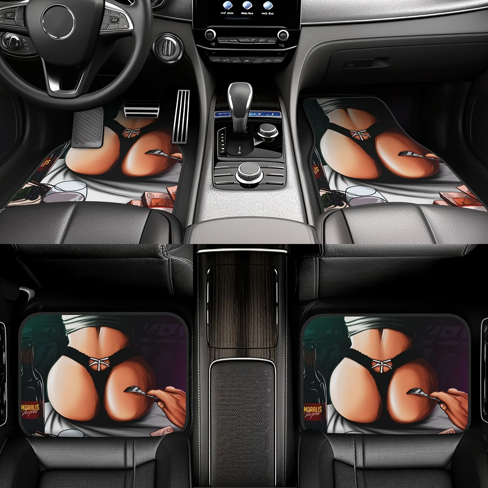

4pcs Sexy Back View Floral Panties & Cushion Design Car Floor Mats - Non-Slip Grip, Full Coverage Front/Rear Seat Protectors - F