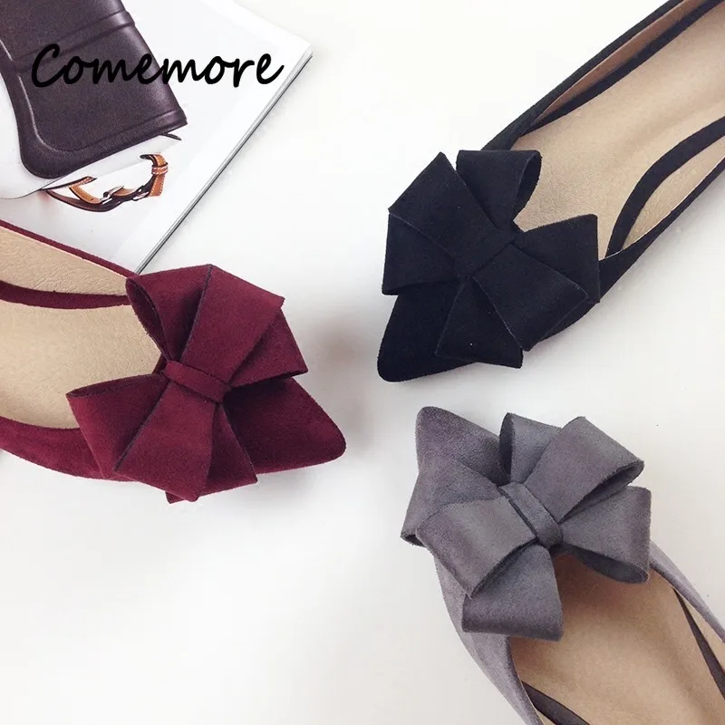 Comemore Women Wedding Shos Flock Leather Big Bowknot Solid Color Shallow Mouth Red 2023 Autumn New Bow Pointed Toe Flat Shoes