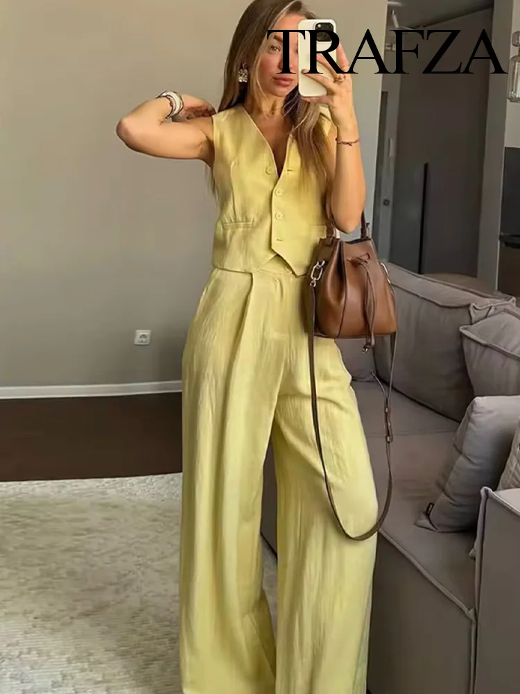 

TRAFZA Women Fashion Pants Suit Single-breasted V-Neck Loose Solid Vest+Zipper Pocket High-Waisted Side Wide-leg Casual Pant