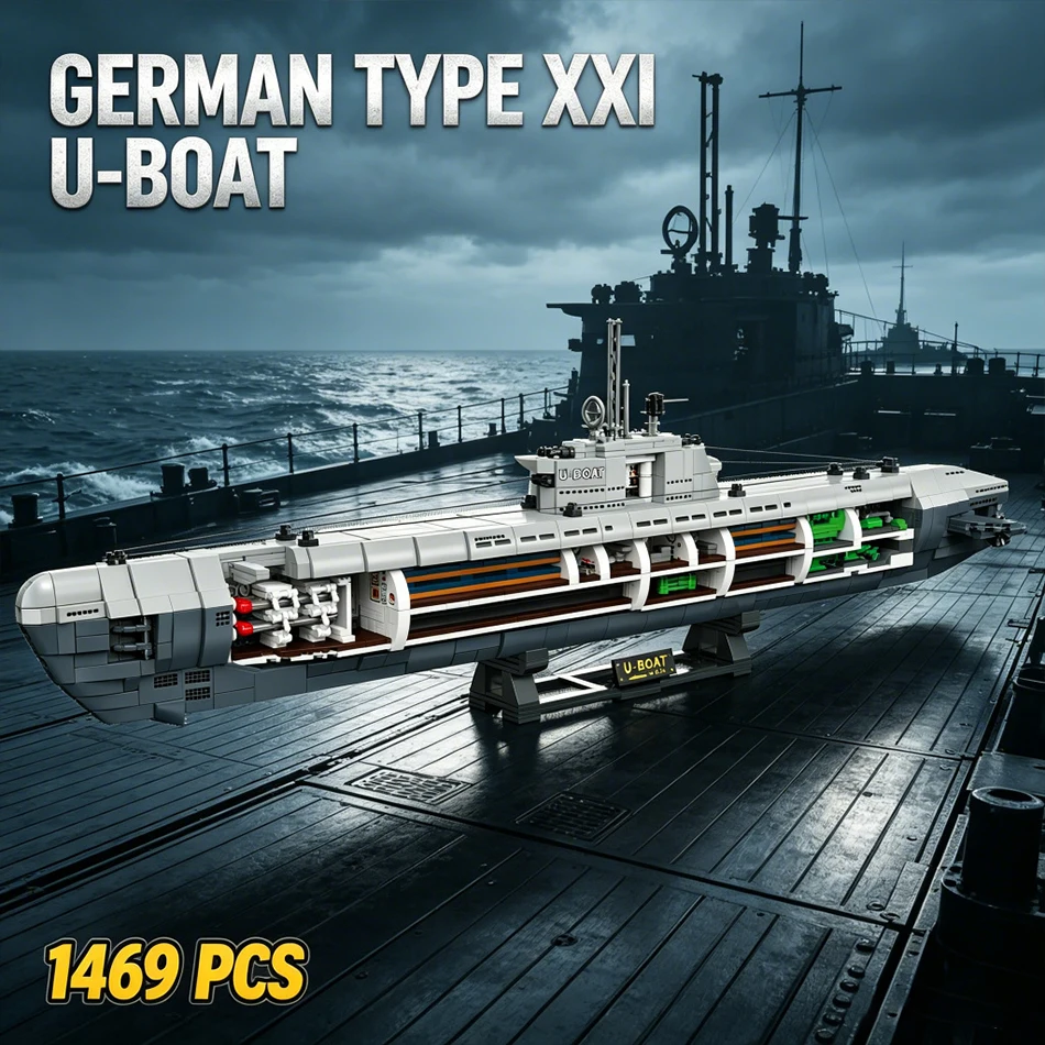 1469 PCS Military German Type XXI U-boat Semi-open Structure Building Blocks Navy Submarines Warship Assembly Bricks Toys Gifts