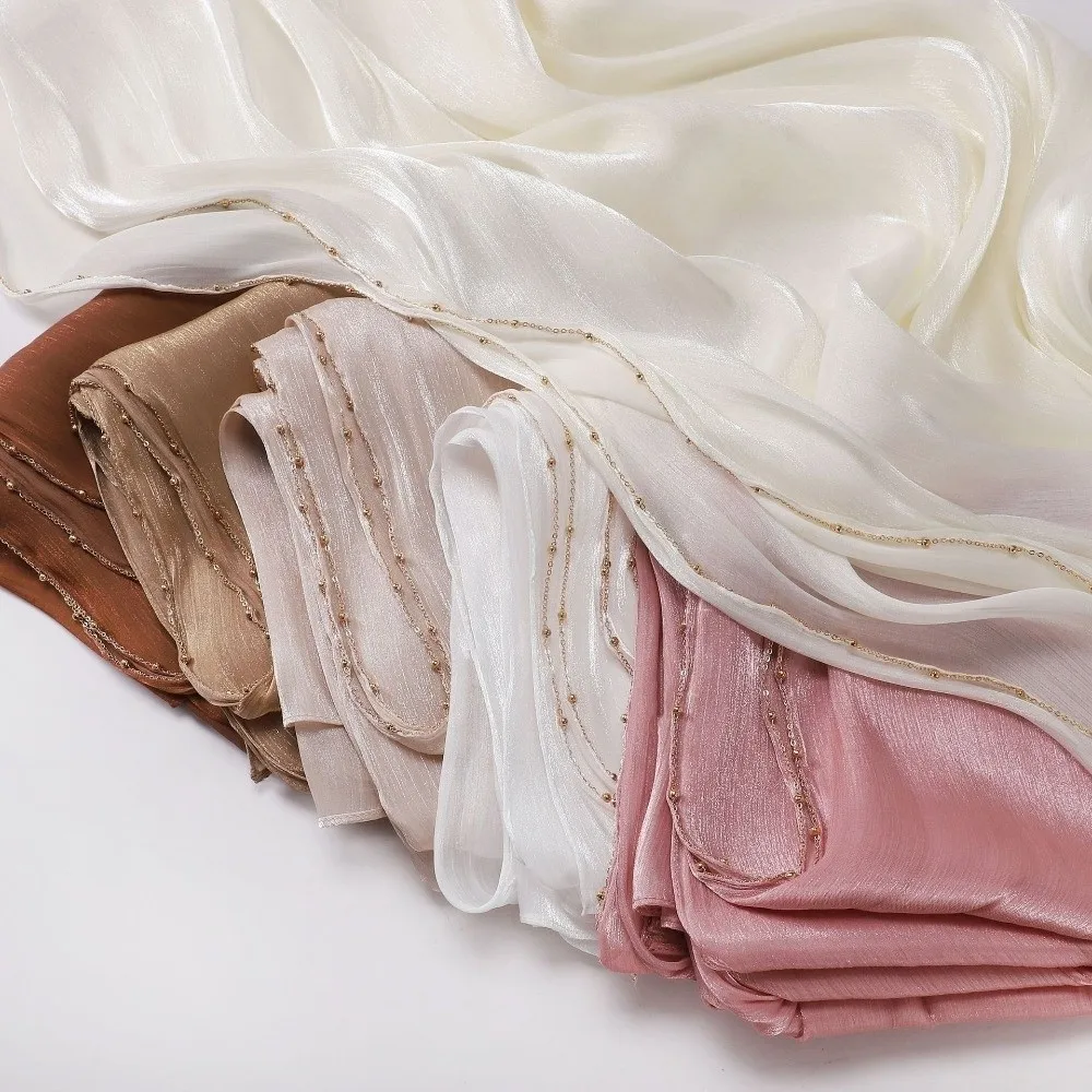 

Fashion Solid Color Silk Scarf Shining Unilateral golden chain Chiffon Hijab Veil Soft Chiffon Sunscreen shawl Outdoor