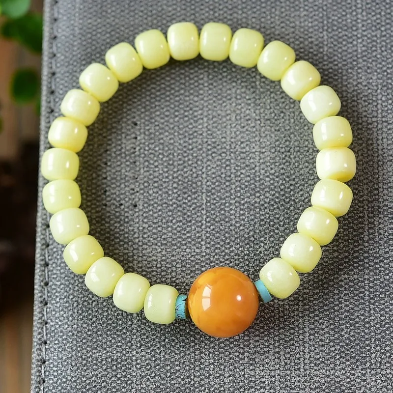 Natural Russian White Old Style Single Strand Bracelet with Devil's Flower Honey Amber Round Beads 8mm