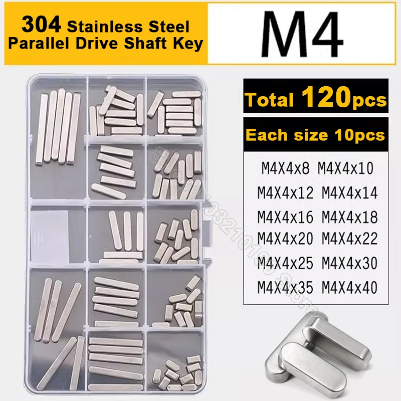 

120pc M4 304Stainless Steel Parallel Key Square Rectangular Key Set Round Ended Dowel Drive Shaft Flat Key GB1096 Assortment Kit