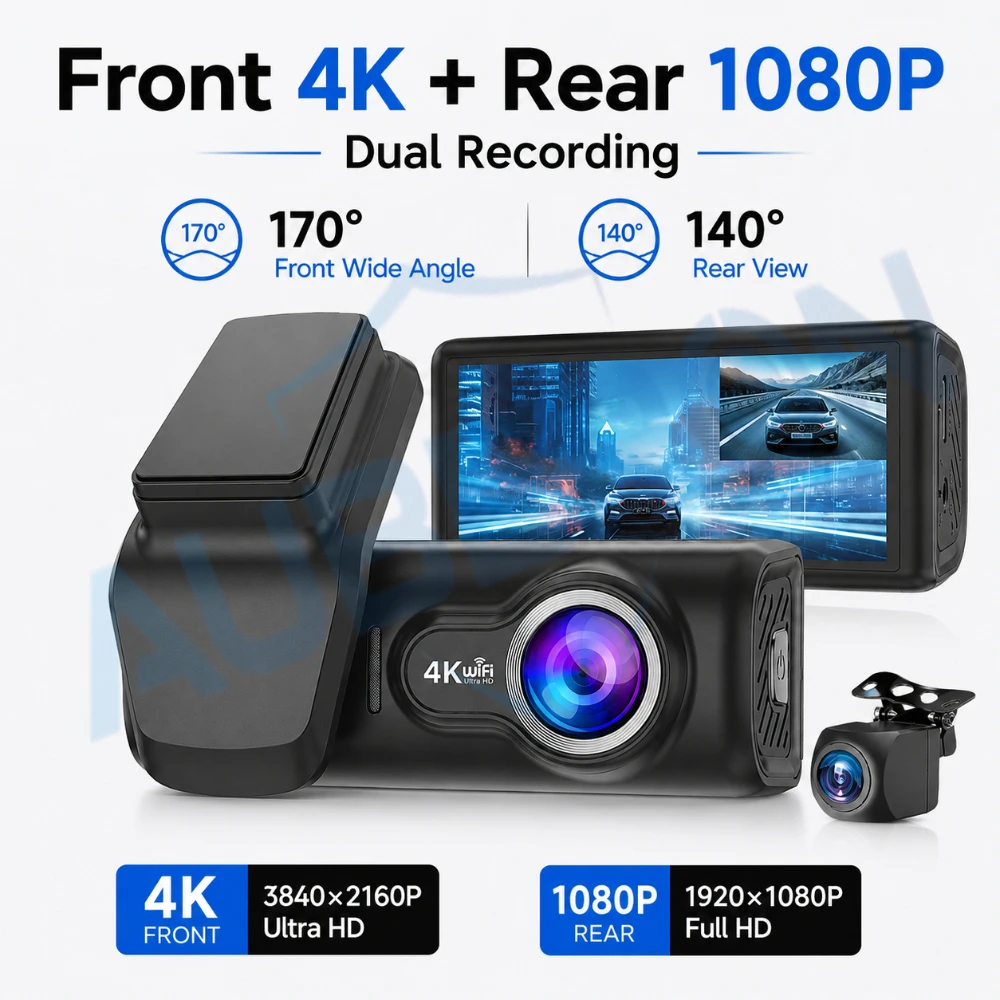 4K Dash Cam Front 1080P Rear Camera Car DVR WiFi APP Control GPS Driving Recorder Night Vision Loop Recording Parking Monitor
