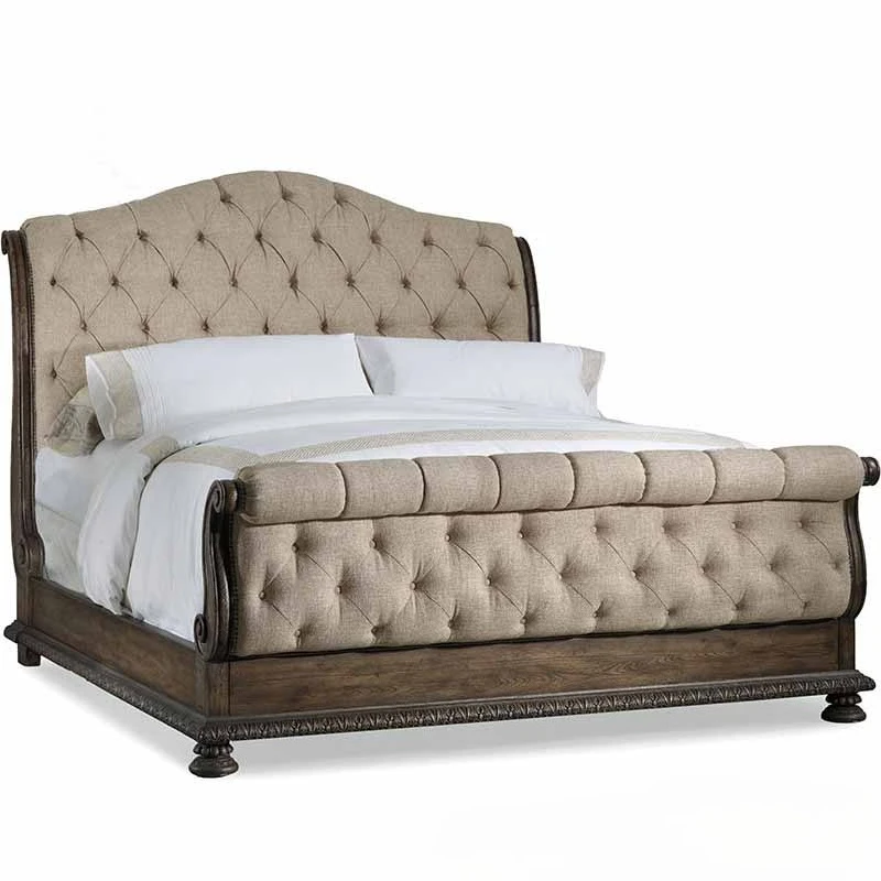 

French solid wood furniture villa retro carved court bed double bed fabric soft wedding bed