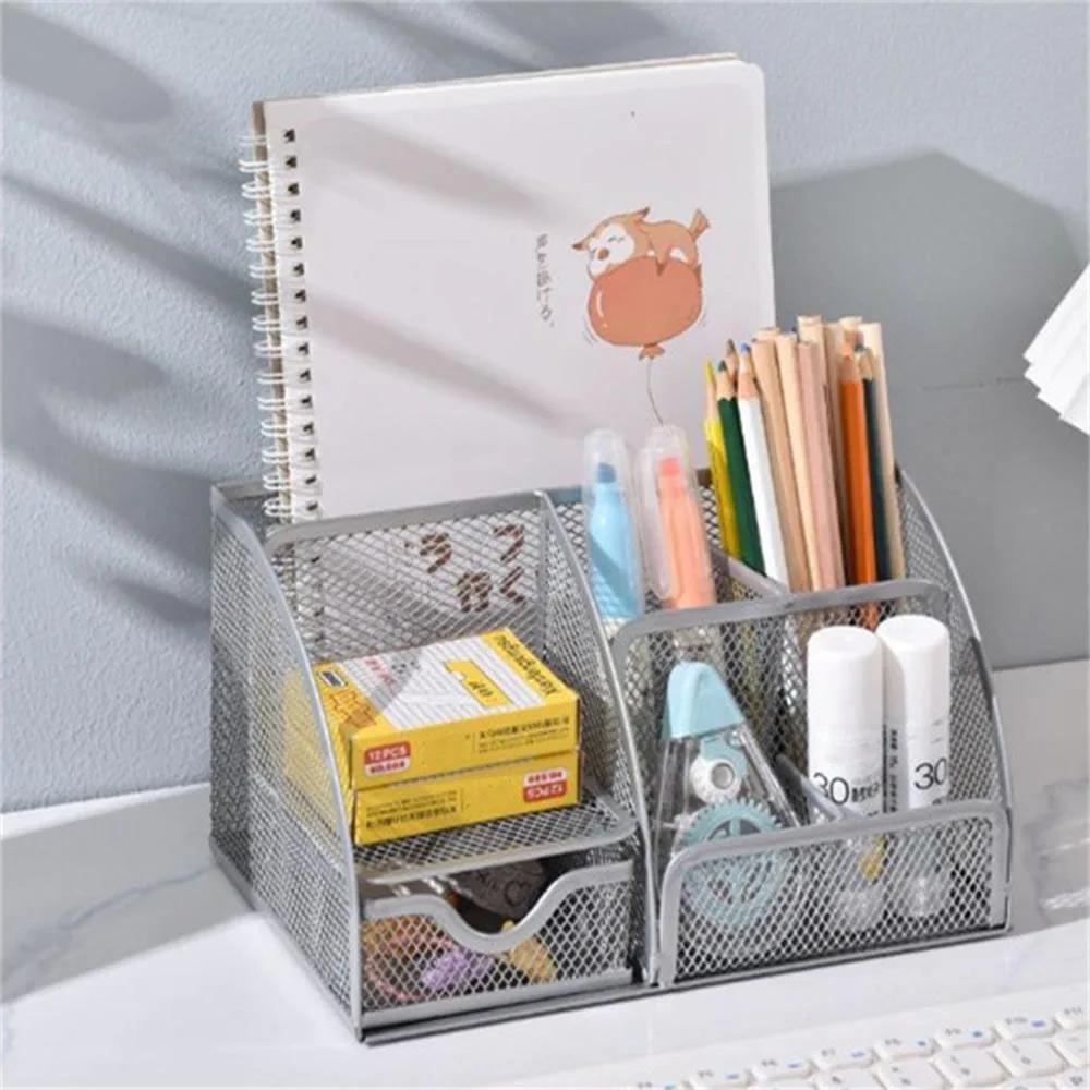 Office Desktop Storage Box Organizer Metal Hollow Pen Holder Large Capacity Partition Office Stationery Storage Case For Home