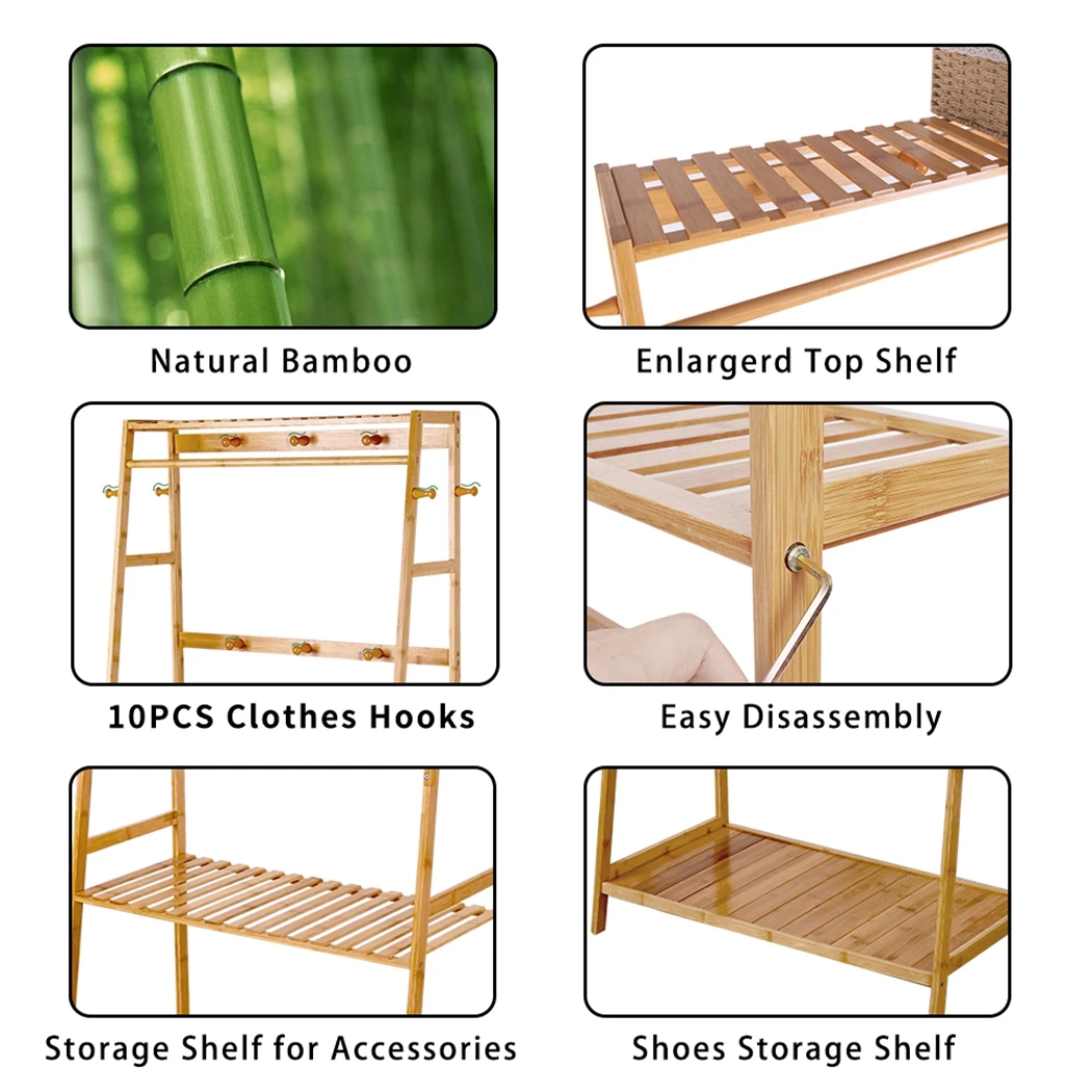 Bamboo Clothes Rail Rack Free Standing Garment Rack with 3 Storage Shelves and 10 Hooks