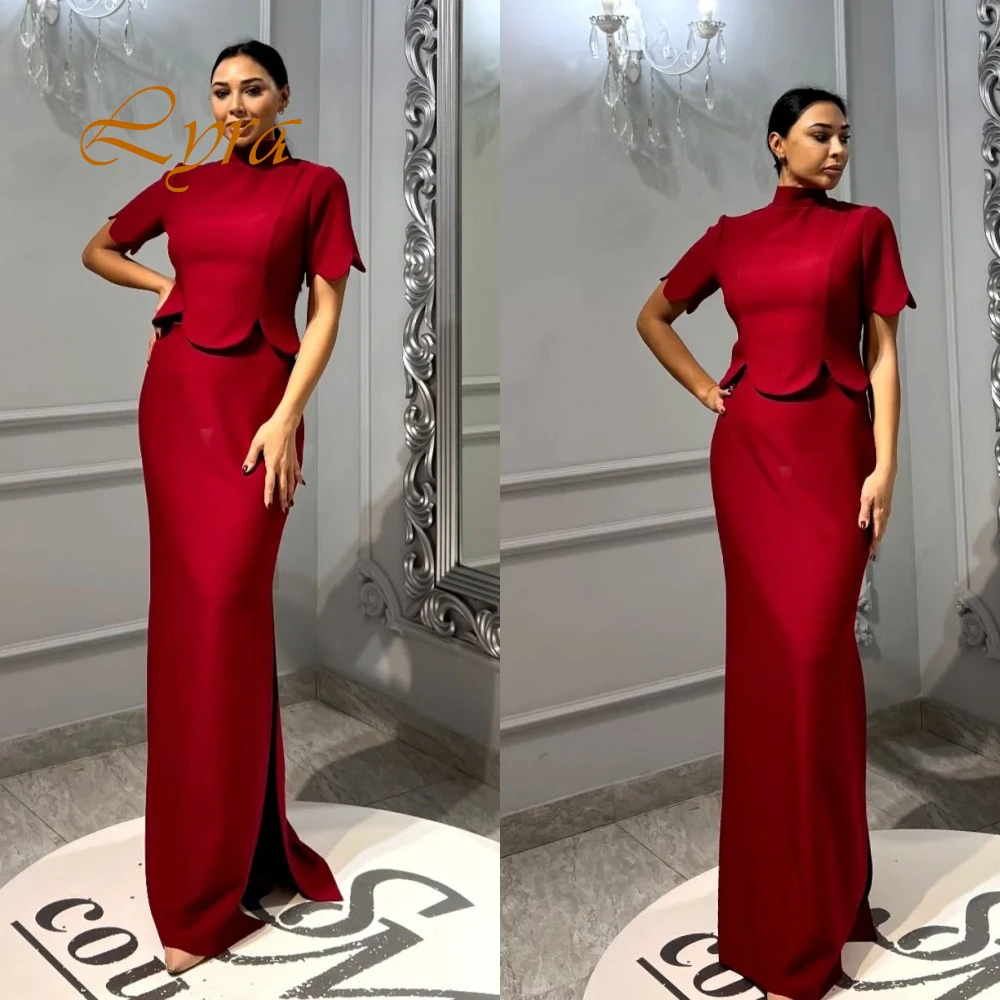 Customized Exquisite High Neckline Cap Sleeve Evening Dress Luxury Burgundy Satin Prom Dresses High Quality Party  Gowns