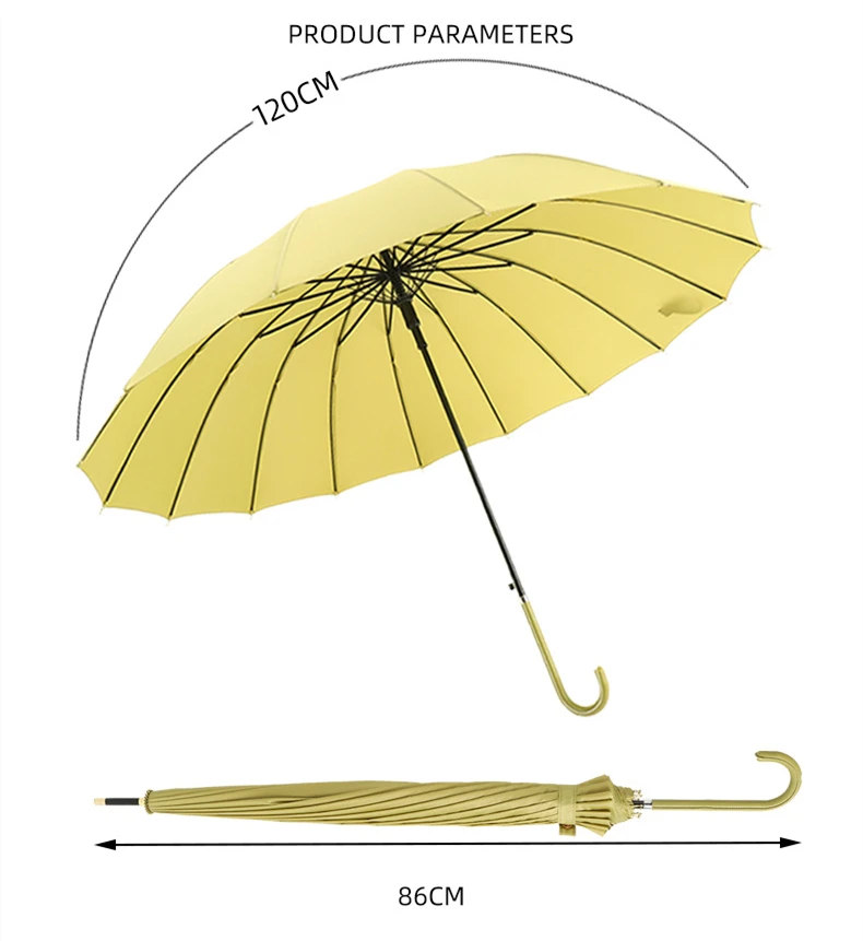 11 Colors Woman Straight Windproof Umbrella Pure Color Leather Long Handle Luxury Rain Umbrellas 16K