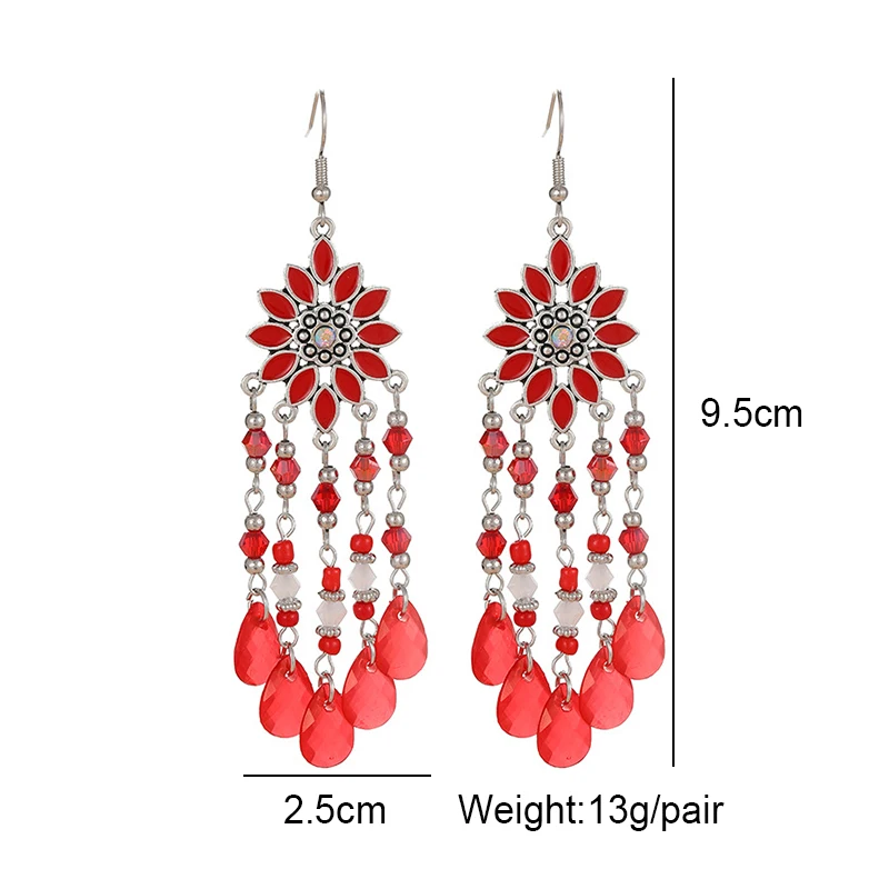 Bohemian Vacation Style Water Drop Tassel Earrings for Women Vintage Long Drop Oil Flower Crystal Bead Dangle Earring Jewelry