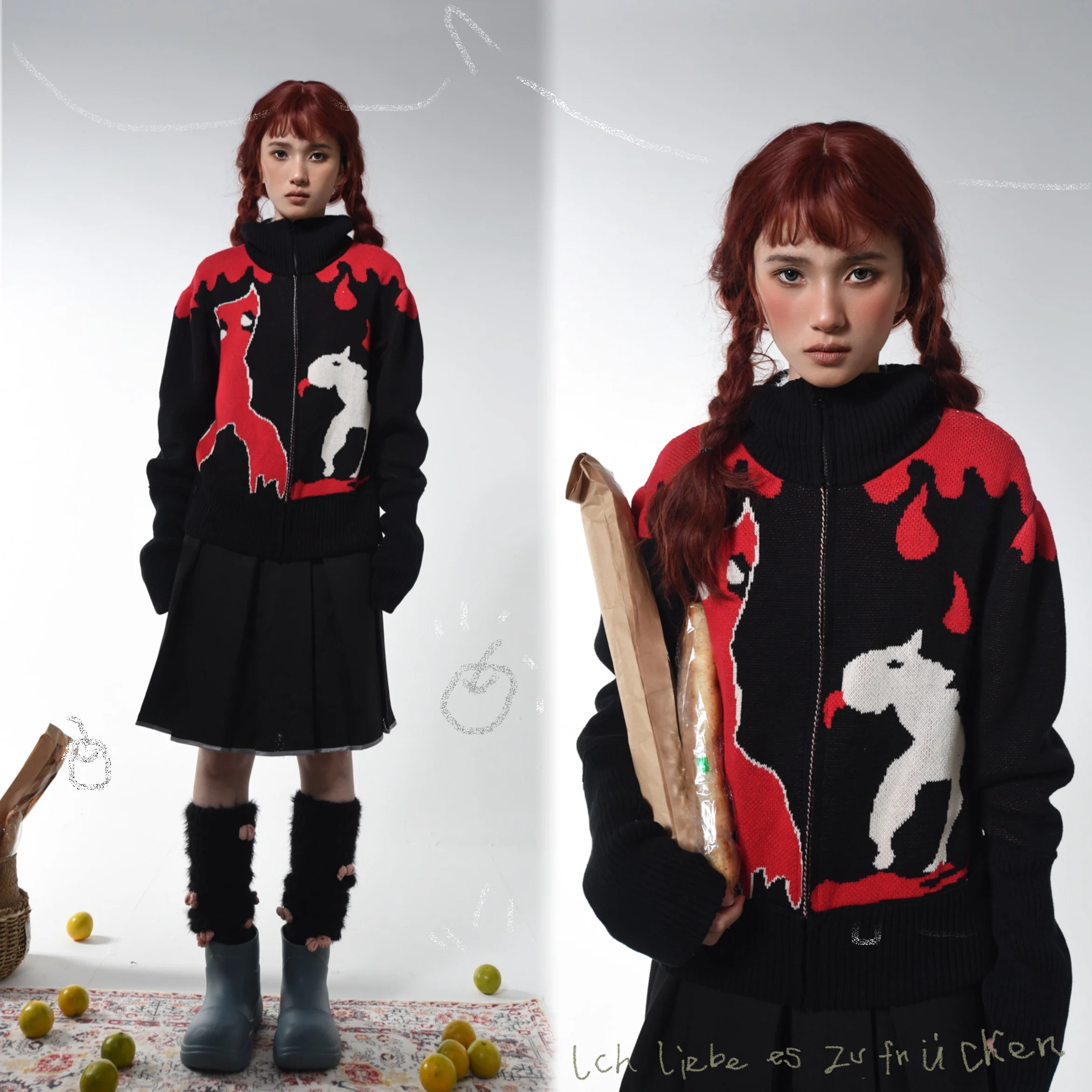 

Red Casual Sweater Falling Leaves Design Commute Sle Winter 2023 Cotton 00% Open Cardigan for Women New Year Celebration