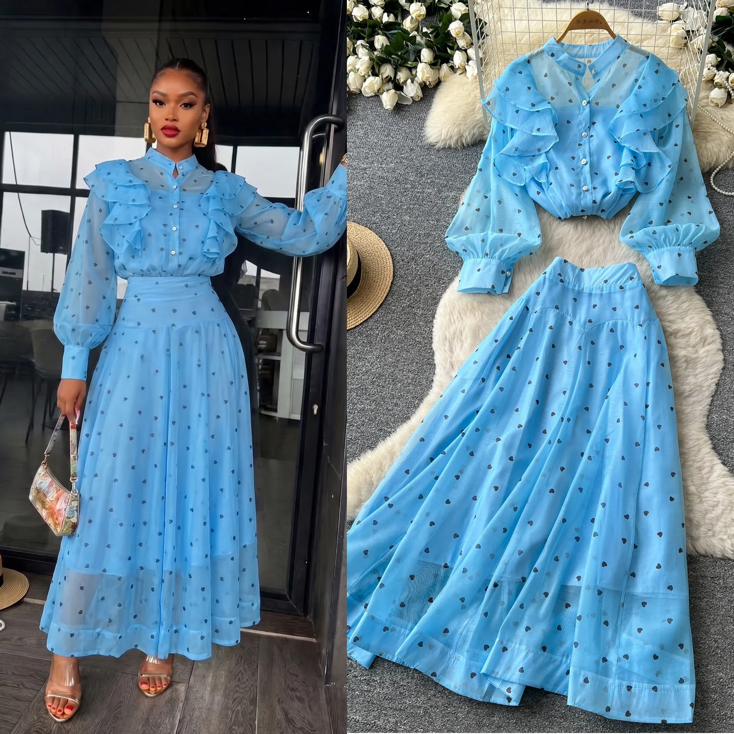 Fall Elegant Women Heart Print 2 Piece Outfit, Ruffle Long Sleeve Stand Collar Shirt & Maxi Skirt Set, Sheer Mesh Matching Suit view 2