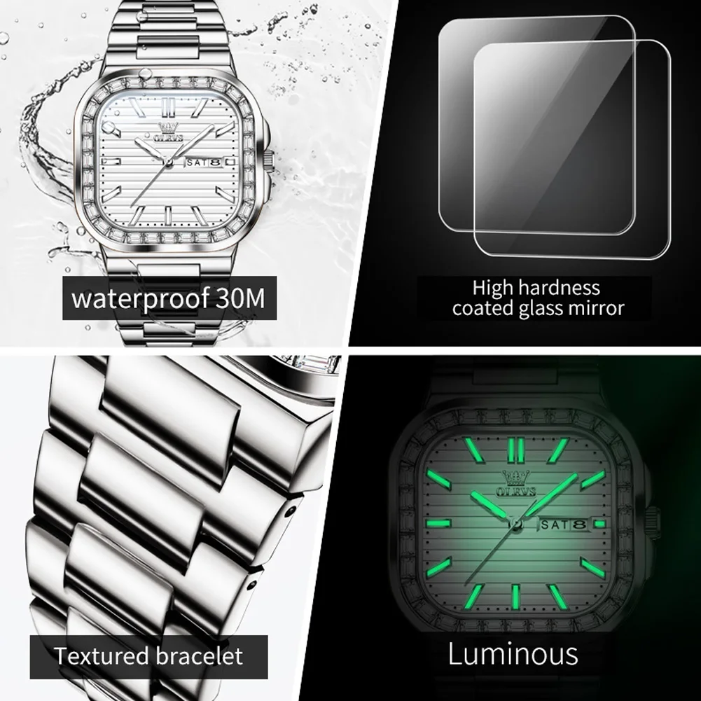 OLEVS Brand Simplicity Men's Watches Luminous Diamond Square Dial Quartz Watch Original Certification Waterproof Male Wristwatch