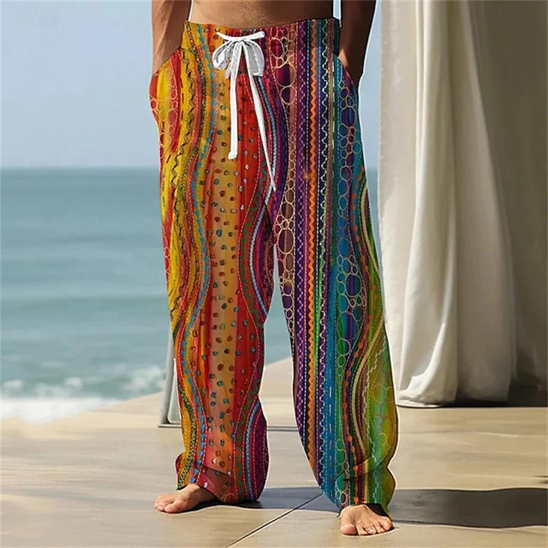 Men's Colorful Striped Print Straight-Leg Pants Stylish Casual Pants with An Elastic Waistband and Drawstring Design Beach Pants