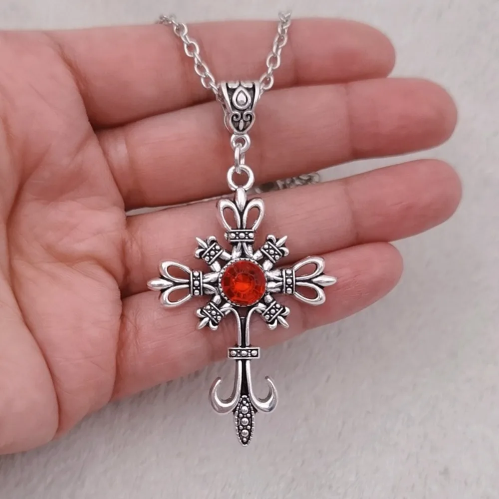 트렌드 고딕 실버 크리스탈 목걸이 펜던트, 합금 실버 십자가 목걸이, 십자가 체인