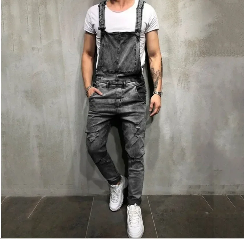 Men Jeans Denim Overalls Ankle Length One Piece Solid Jumpsuits Pencil Pants Washing Safari Style Mid Waist Pockets Slim