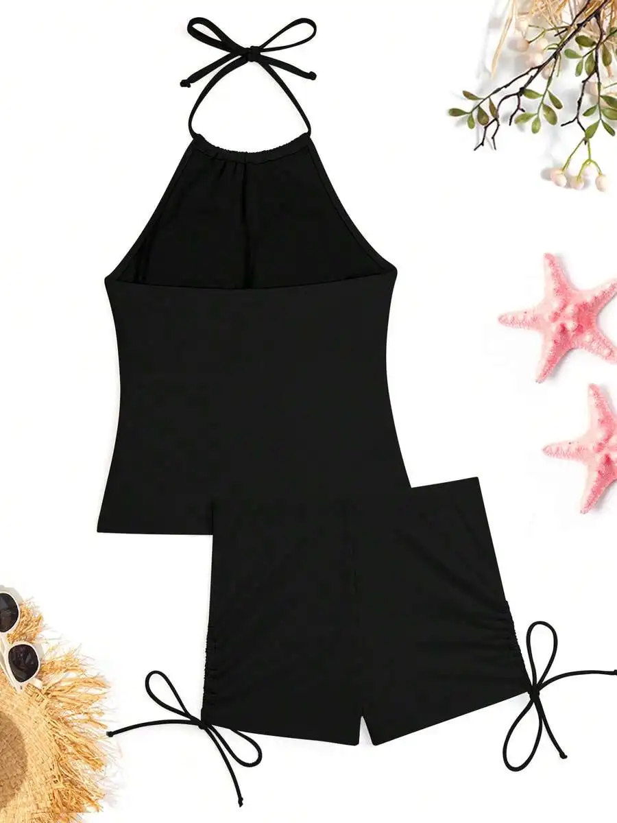 

Womens Black Halter Tie Top And Drawstring Shorts Two-Piece Swimsuit Set