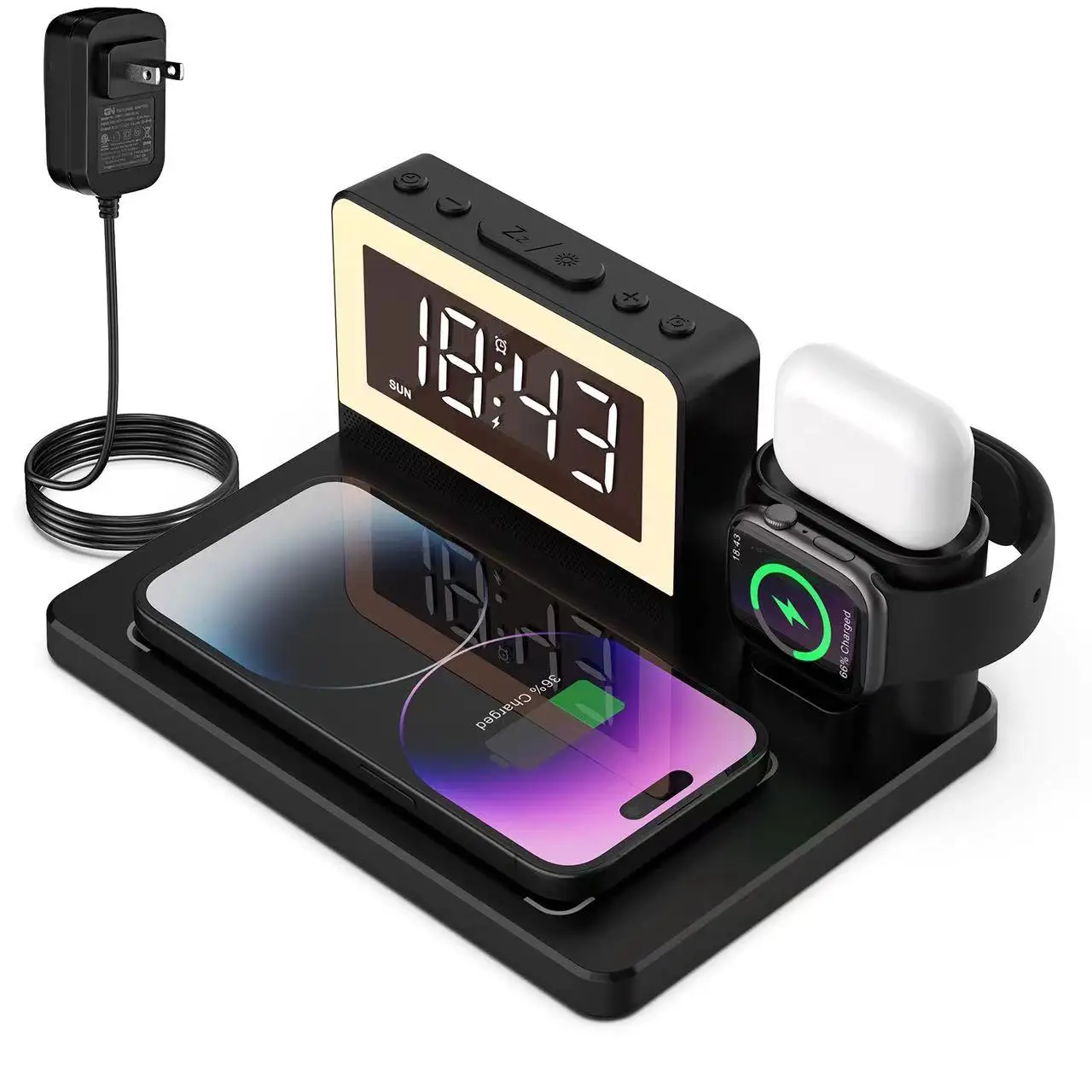 

7 Colors Night Light Mobile Phone Wireless Charging Station Multi-function 5 In 1 Desktop 15W Alarm Clock Wireless Charger 2024