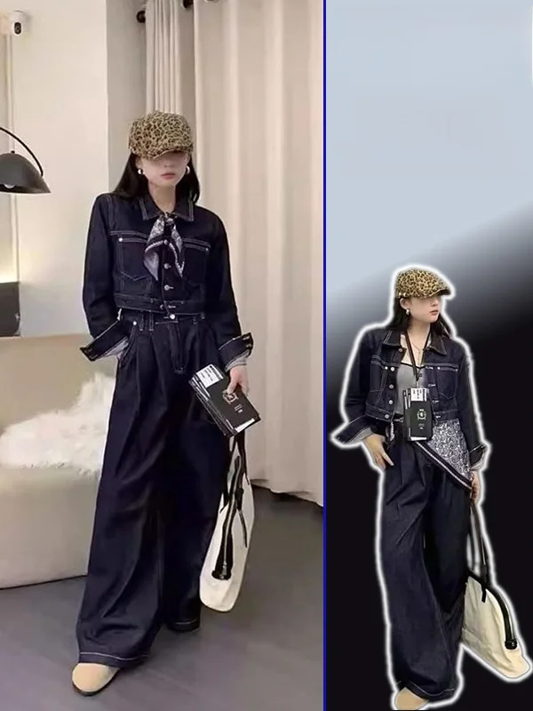 

plus Size Casual Faionable Women's Denim ort Jaet Wide Leg Pants Scarf Set Cool Street Sle Spring New Arrival