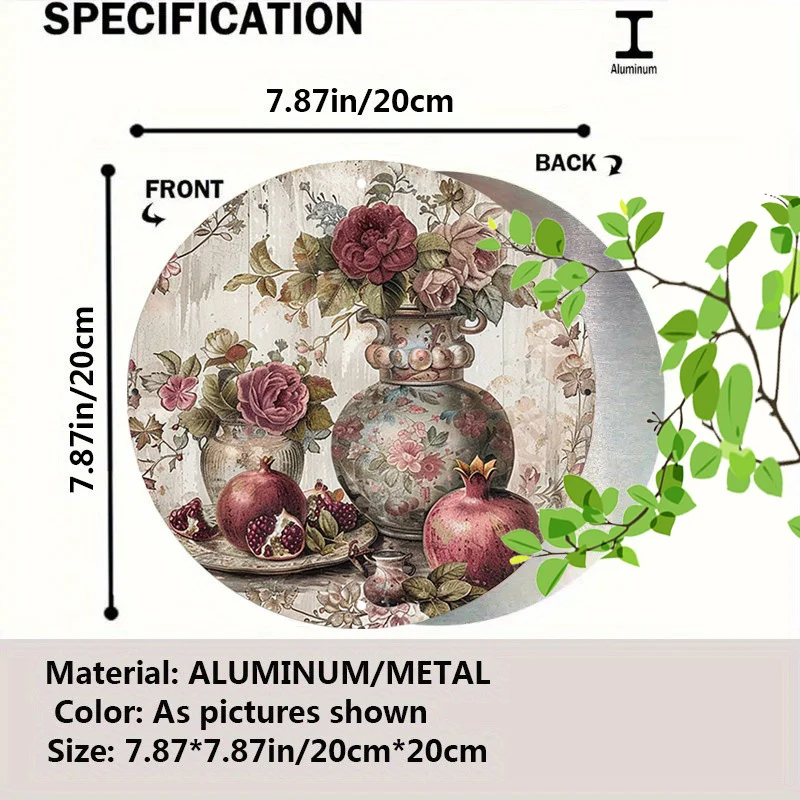 Room Decor 1pc Vintage Rustic Round Aluminum Sign, Floral and Fruit Pots Design, Retro Metal Tin Wall Art, Home and Cafe Decor,