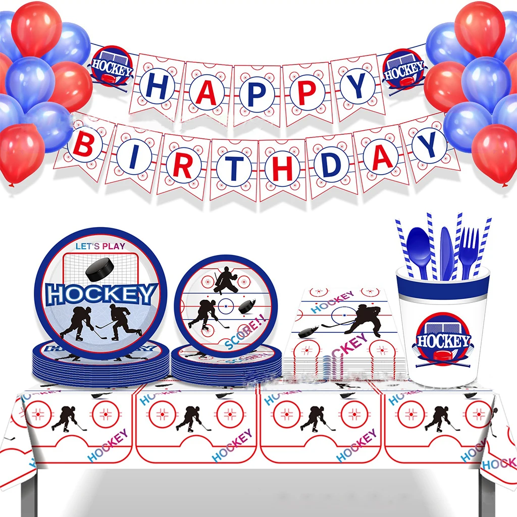 8Guests Ice Hockey Theme Birthday Party Disposable Tableware Puck Sportsman Plate Cups Napkins Ice Hockey Birthday Supplies