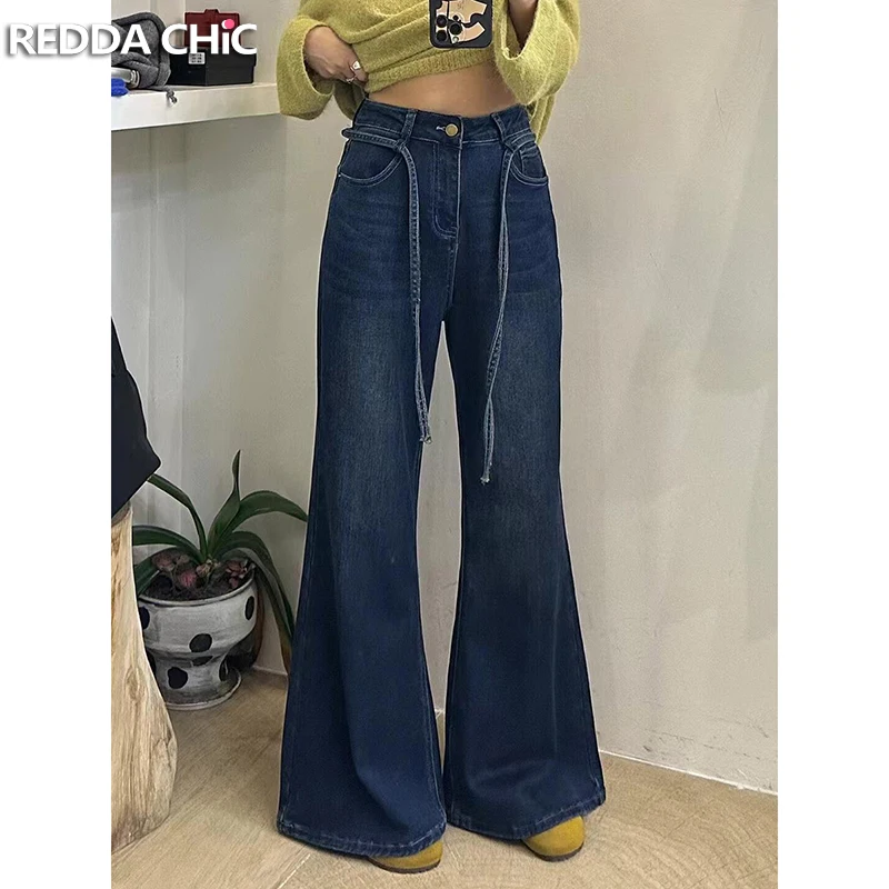 

ReddaChic Work Casual Solid Flare Jeans Retro Blue Thermal Cleanfit Ribbon High Waist Wide Bootcut Pants Korean Women Daily Wear