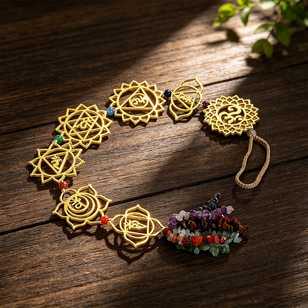7 Chakra Hollow Gold Metal Wall Hanging Natural Chipped Stone Tassel Yoga Meditation Spiritual